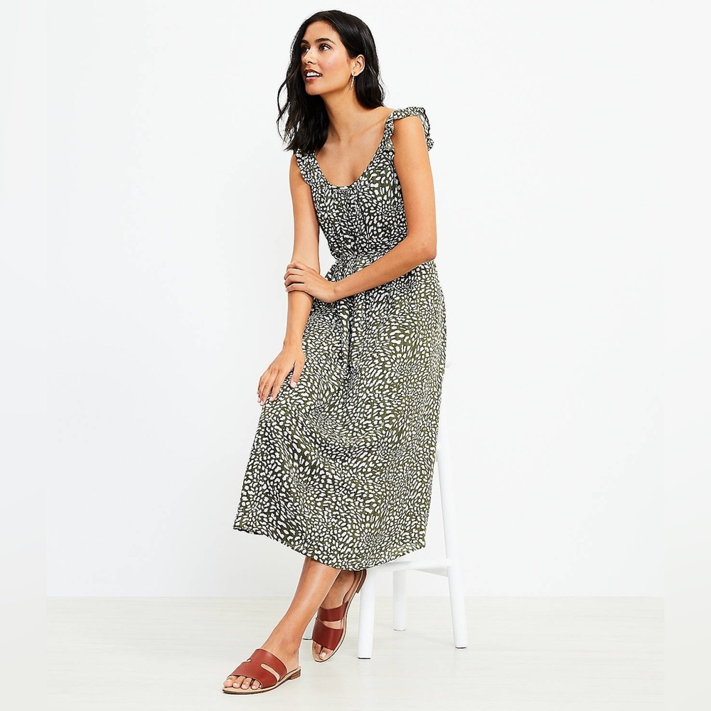 LOFT Shimmer Leopard Print Ruffle Strap Midi Dress. Evening Olive. Size S, NWT